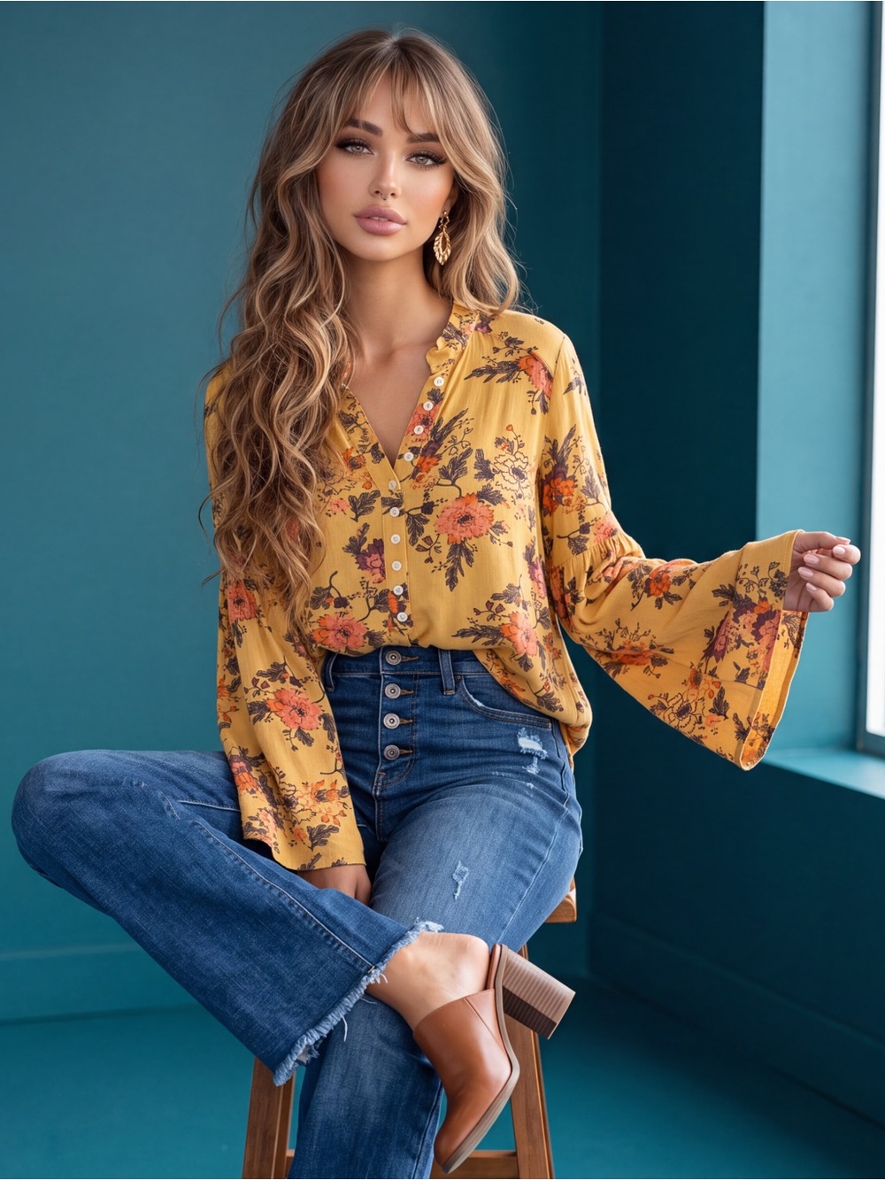 Free People Mustard Floral Button-Up Blouse